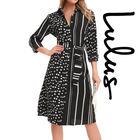 Lulus Dresses & Skirts - NWT Via Dolce Black Striped Polka Dot Shirt Dress